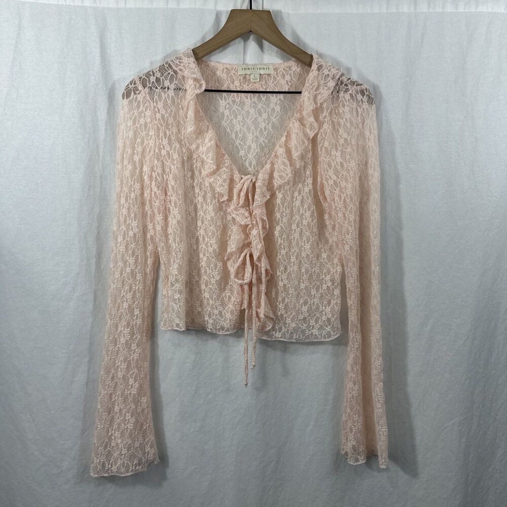 Thirty Thirty LA Pink Sheer Lace Ruffle Coquette Tie Front Top Sz L Whimsy